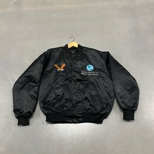 Vintage Game Sportswear Satin Bomber Jacket Black Embroidered Logos Size XL